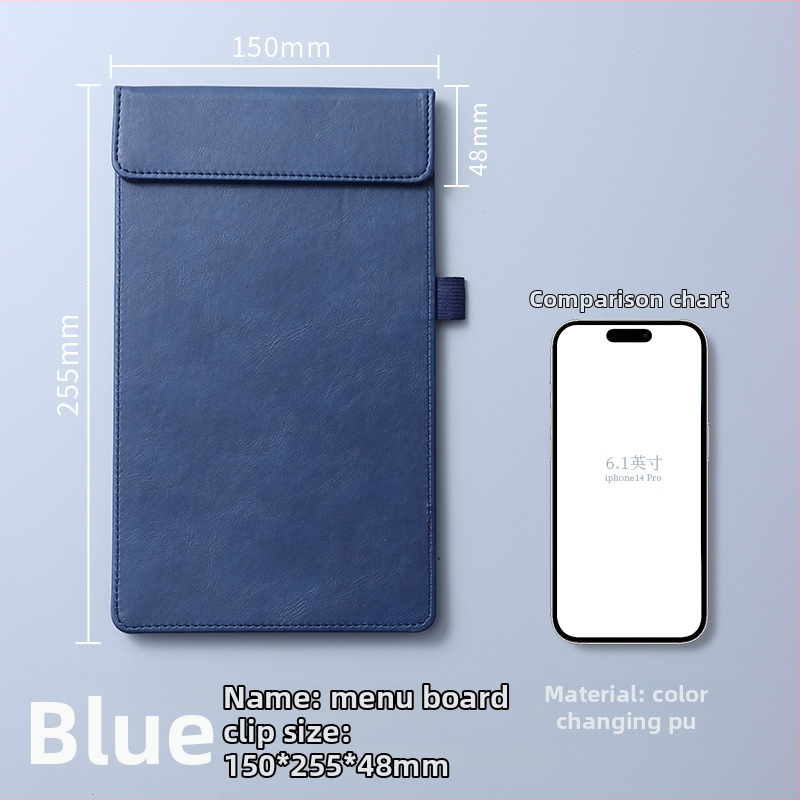 Clip pentru meniu din piele – clemă unică și solidă, suport personalizabil pentru note, prindere 100x40 mm, grosime placă 5 mm, lățime spate 50 mm