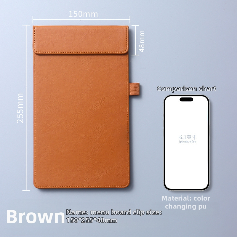 Clip pentru meniu din piele – clemă unică și solidă, suport personalizabil pentru note, prindere 100x40 mm, grosime placă 5 mm, lățime spate 50 mm