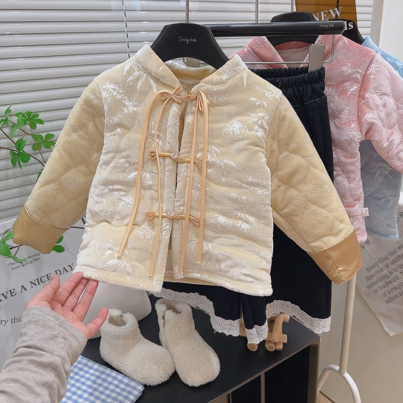 Детски ханфу комплект: палто и пола в китайски стил, флийс плат, основен плат златен кадифе, подплата 100% полиестер, квадратна яка, едноредно закопчаване