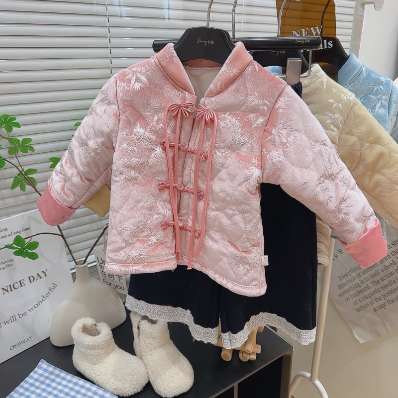 Детски ханфу комплект: палто и пола в китайски стил, флийс плат, основен плат златен кадифе, подплата 100% полиестер, квадратна яка, едноредно закопчаване