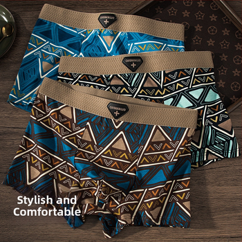 Vyriniai boxer šortai — 100% medvilnė, geometrinis raštas, vidutinio liemens aukštis, kvėpuojantys, greitai džiūstantys, antibakteriniai