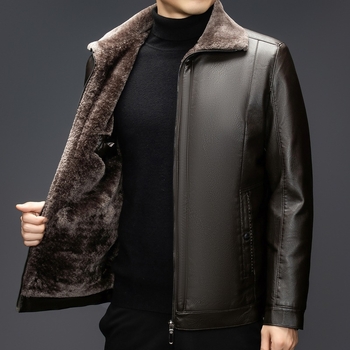 Τζάκετ PU δέρμα με πολυεστερική επένδυση, μπροστινό φερμουάρ, πολλές τσέπες, χειμώνας για μεσήλικους άνδρες
