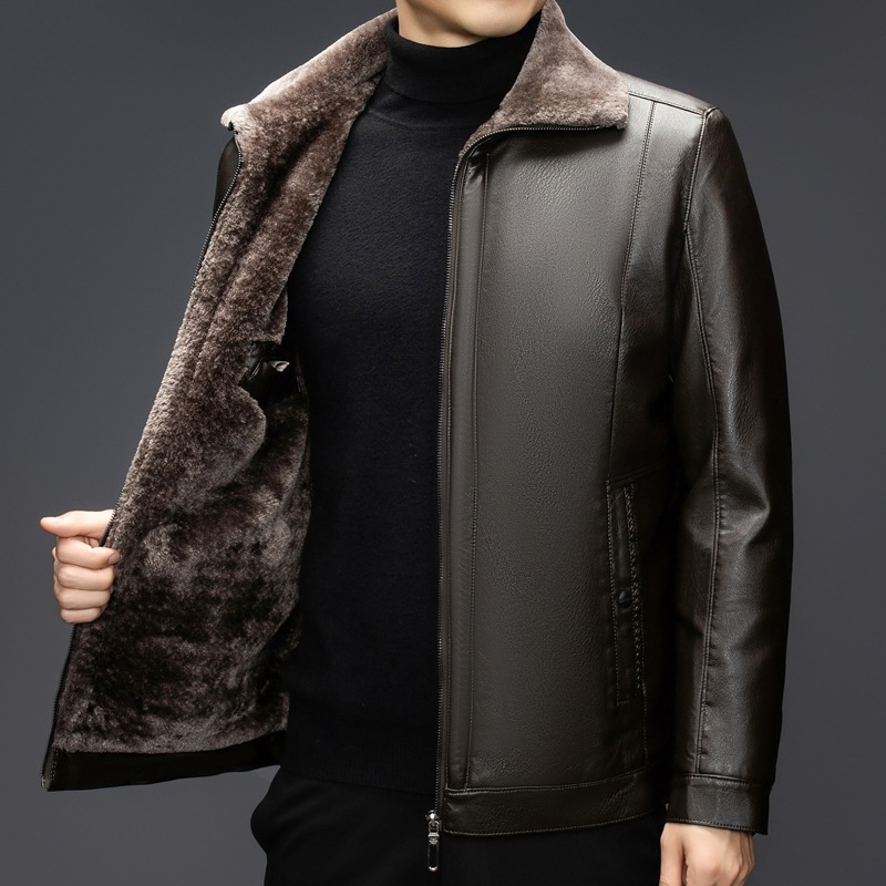 Τζάκετ PU δέρμα με πολυεστερική επένδυση, μπροστινό φερμουάρ, πολλές τσέπες, χειμώνας για μεσήλικους άνδρες