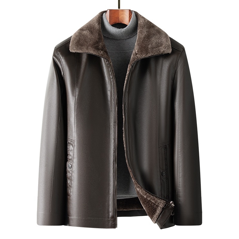 Τζάκετ PU δέρμα με πολυεστερική επένδυση, μπροστινό φερμουάρ, πολλές τσέπες, χειμώνας για μεσήλικους άνδρες