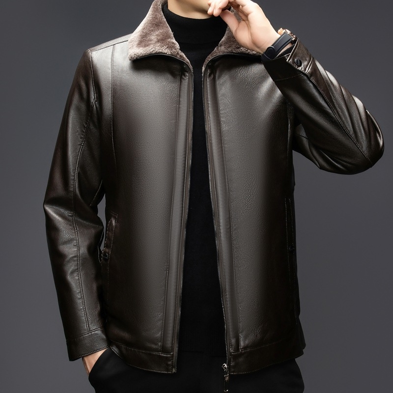 Τζάκετ PU δέρμα με πολυεστερική επένδυση, μπροστινό φερμουάρ, πολλές τσέπες, χειμώνας για μεσήλικους άνδρες
