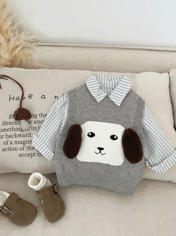 Бебешка жилетка-пуловер за момчета, плетена, карикатурен принт, кръгло деколте, мек акрилен плат, за деца 1–3 г, пролет и есен