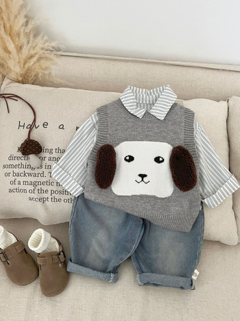 Бебешка жилетка-пуловер за момчета, плетена, карикатурен принт, кръгло деколте, мек акрилен плат, за деца 1–3 г, пролет и есен