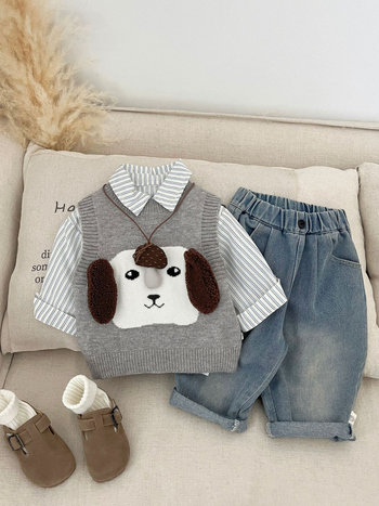 Бебешка жилетка-пуловер за момчета, плетена, карикатурен принт, кръгло деколте, мек акрилен плат, за деца 1–3 г, пролет и есен