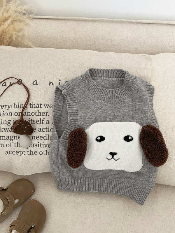 Бебешка жилетка-пуловер за момчета, плетена, карикатурен принт, кръгло деколте, мек акрилен плат, за деца 1–3 г, пролет и есен