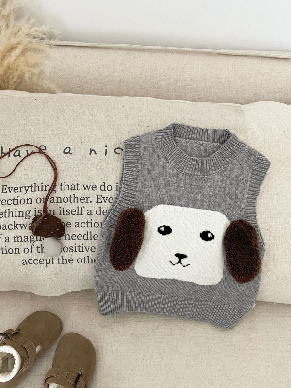 Бебешка жилетка-пуловер за момчета, плетена, карикатурен принт, кръгло деколте, мек акрилен плат, за деца 1–3 г, пролет и есен
