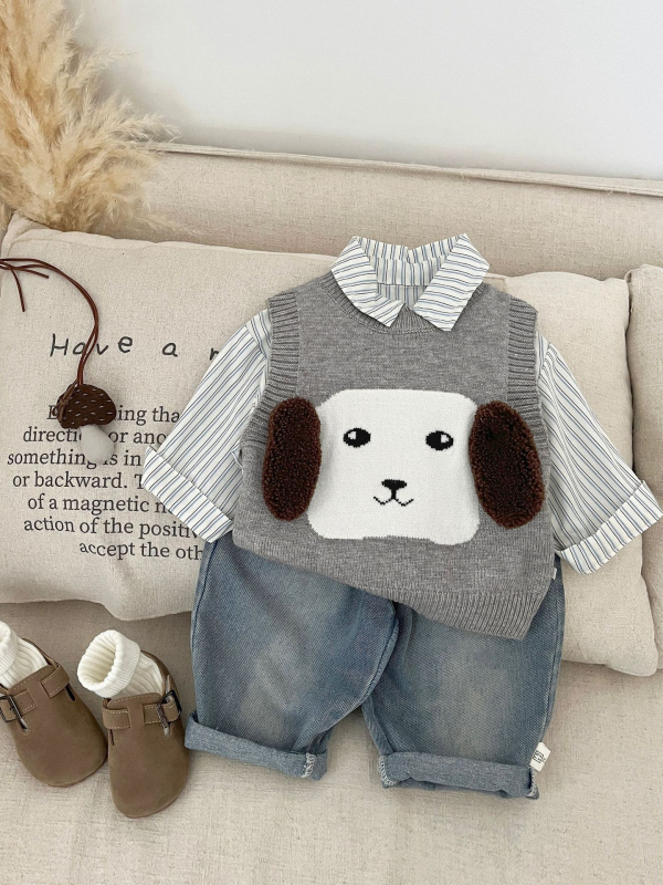 Бебешка жилетка-пуловер за момчета, плетена, карикатурен принт, кръгло деколте, мек акрилен плат, за деца 1–3 г, пролет и есен