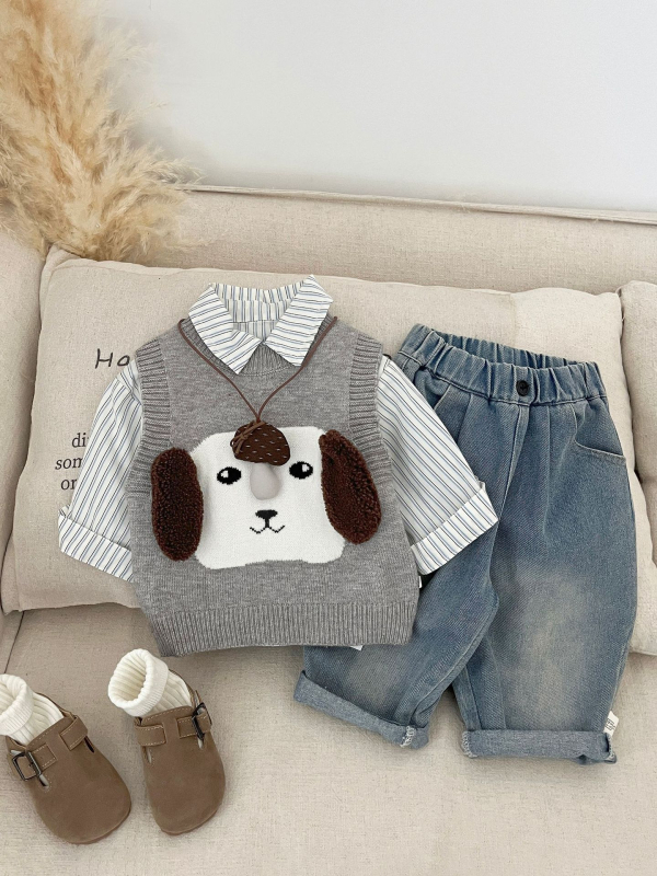 Бебешка жилетка-пуловер за момчета, плетена, карикатурен принт, кръгло деколте, мек акрилен плат, за деца 1–3 г, пролет и есен