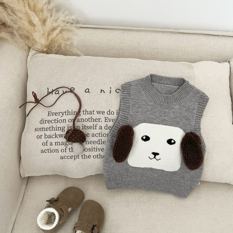 Бебешка жилетка-пуловер за момчета, плетена, карикатурен принт, кръгло деколте, мек акрилен плат, за деца 1–3 г, пролет и есен
