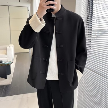 Мъжко сако Тан стил с изправена яка и копчета‑възел, жакардов полиестеров смесен плат, свободна кройка, за четири сезона.