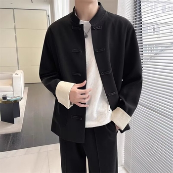 Мъжко сако Тан стил с изправена яка и копчета‑възел, жакардов полиестеров смесен плат, свободна кройка, за четири сезона.