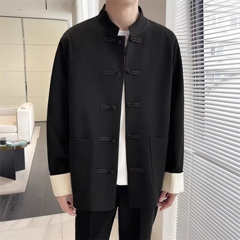 Мъжко сако Тан стил с изправена яка и копчета‑възел, жакардов полиестеров смесен плат, свободна кройка, за четири сезона.