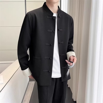 Мъжко сако Тан стил с изправена яка и копчета‑възел, жакардов полиестеров смесен плат, свободна кройка, за четири сезона.