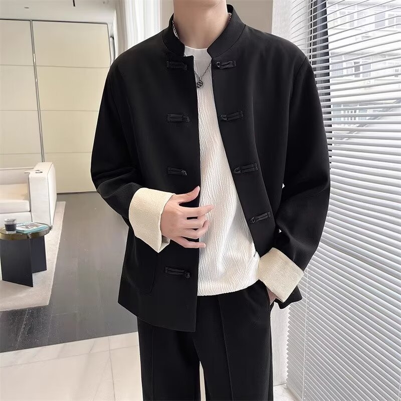 Мъжко сако Тан стил с изправена яка и копчета‑възел, жакардов полиестеров смесен плат, свободна кройка, за четири сезона.