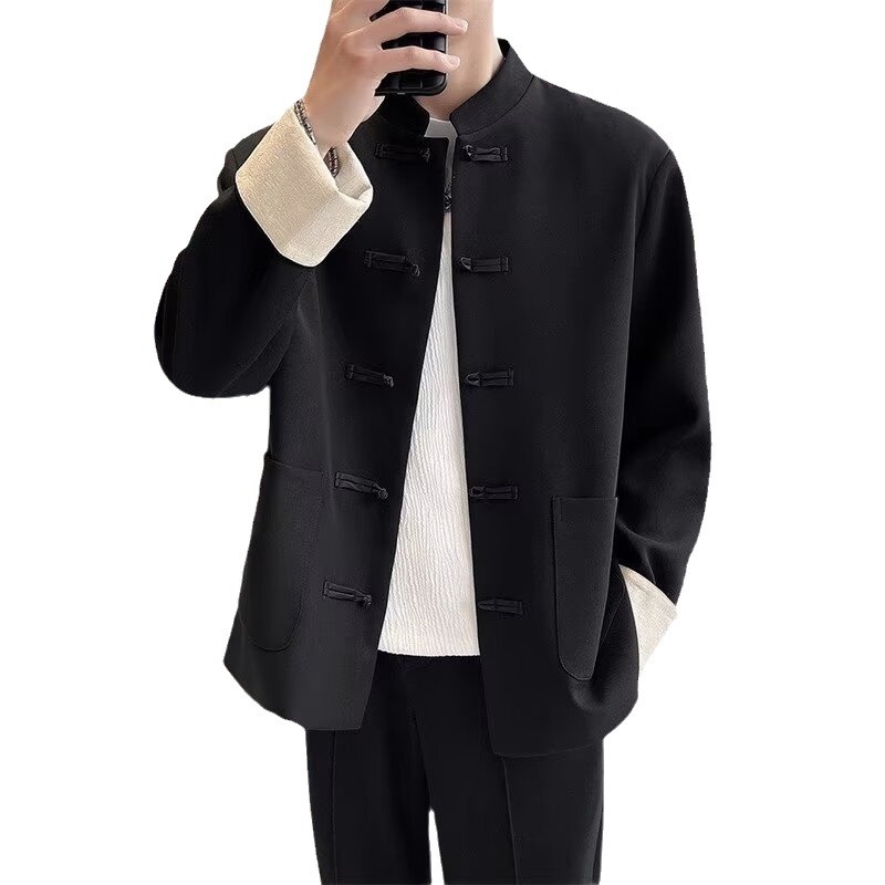 Мъжко сако Тан стил с изправена яка и копчета‑възел, жакардов полиестеров смесен плат, свободна кройка, за четири сезона.