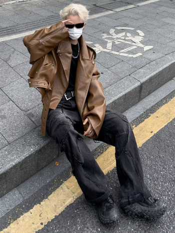 Μπουφάν PU δέρματος, ρετρό στυλ, γιακά με πέτο, φερμουάρ εμπρός, επένδυση πολυεστέρα