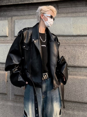 Μπουφάν PU δέρματος, ρετρό στυλ, γιακά με πέτο, φερμουάρ εμπρός, επένδυση πολυεστέρα