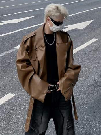 Μπουφάν PU δέρματος, ρετρό στυλ, γιακά με πέτο, φερμουάρ εμπρός, επένδυση πολυεστέρα