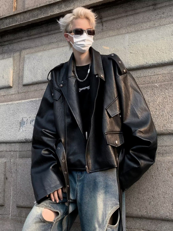 Μπουφάν PU δέρματος, ρετρό στυλ, γιακά με πέτο, φερμουάρ εμπρός, επένδυση πολυεστέρα