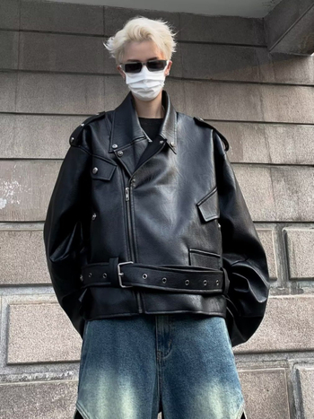 Μπουφάν PU δέρματος, ρετρό στυλ, γιακά με πέτο, φερμουάρ εμπρός, επένδυση πολυεστέρα