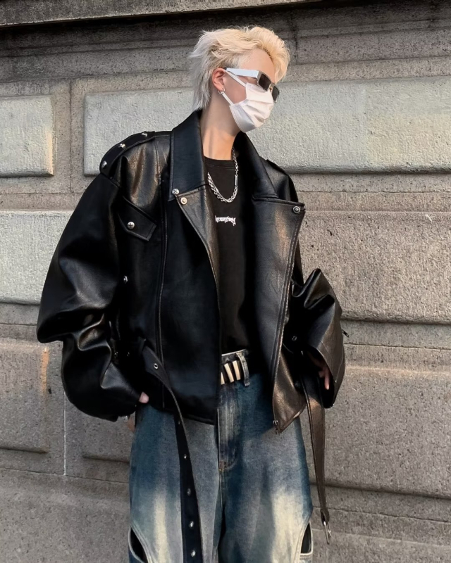 Μπουφάν PU δέρματος, ρετρό στυλ, γιακά με πέτο, φερμουάρ εμπρός, επένδυση πολυεστέρα