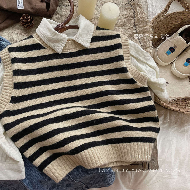 Vaikų dryžuota megzta liemenė be rankovių, apvaliu kaklu, 55% akrilas, 3–8 metų