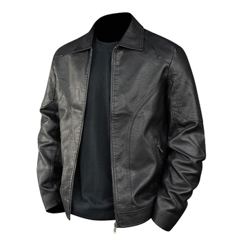 Jachetă din piele PU pentru bărbați, design patchwork, croială lejeră, guler rever, fermoar