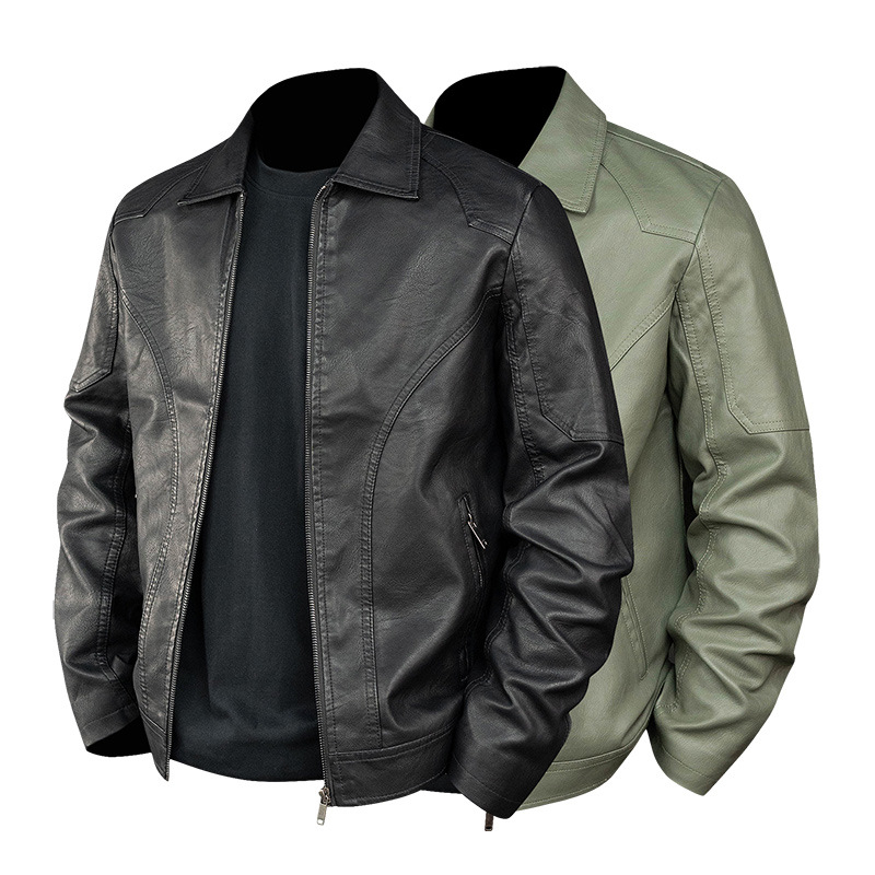 Jachetă din piele PU pentru bărbați, design patchwork, croială lejeră, guler rever, fermoar