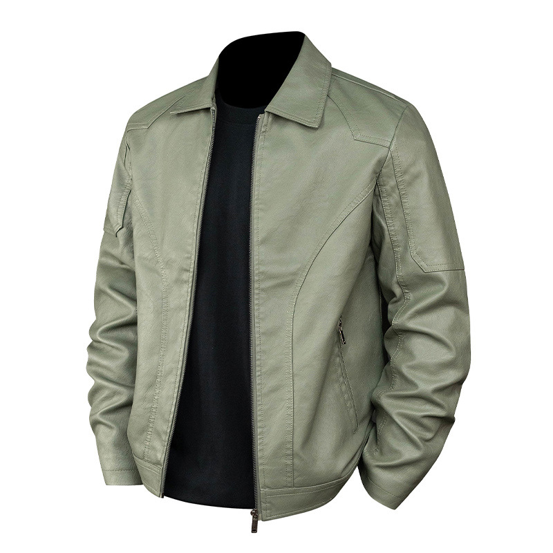 Ανδρικό PU δερμάτινο μπουφάν με patchwork σχέδιο, χαλαρή γραμμή, γιακά με πέτο, κλείσιμο με φερμουάρ