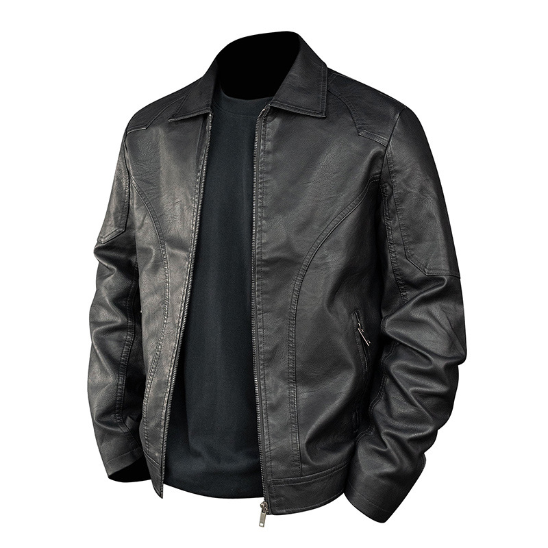 Ανδρικό PU δερμάτινο μπουφάν με patchwork σχέδιο, χαλαρή γραμμή, γιακά με πέτο, κλείσιμο με φερμουάρ