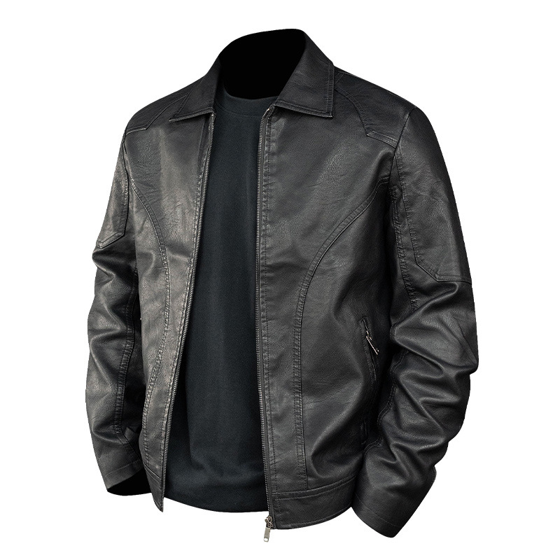 Ανδρικό PU δερμάτινο μπουφάν με patchwork σχέδιο, χαλαρή γραμμή, γιακά με πέτο, κλείσιμο με φερμουάρ