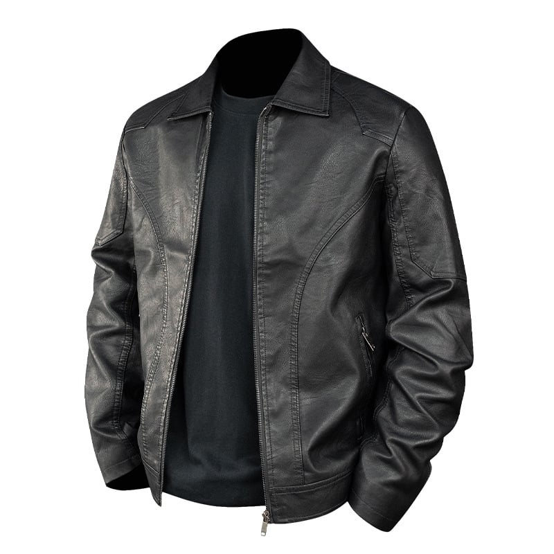 Jachetă din piele PU pentru bărbați, design patchwork, croială lejeră, guler rever, fermoar