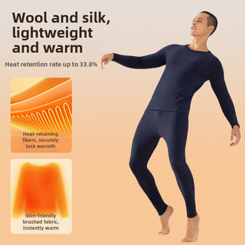 Meeste vill-siidi termilise aluspesu komplekt – sametvooder, 251–300 g/m², ülaosa ja püksid, ümmargune kaelus, pikkade varrukatega