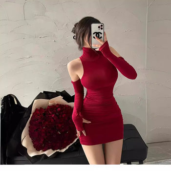 Suknelė su A-linija, aukštas kaklas, ilgos rankovės, poliesterio audinys