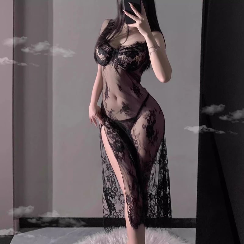 Nėrinių permatoma naktinė su tinklu, su įpjova ir dirželiais, poliesteris 90–95%, 181-200 g/m2