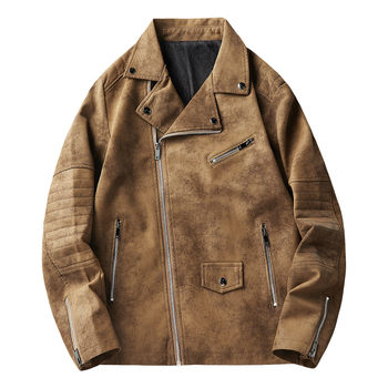 Geacă din PU pentru bărbați, stil vintage, guler înalt, fermoar, căptușeală din fleece