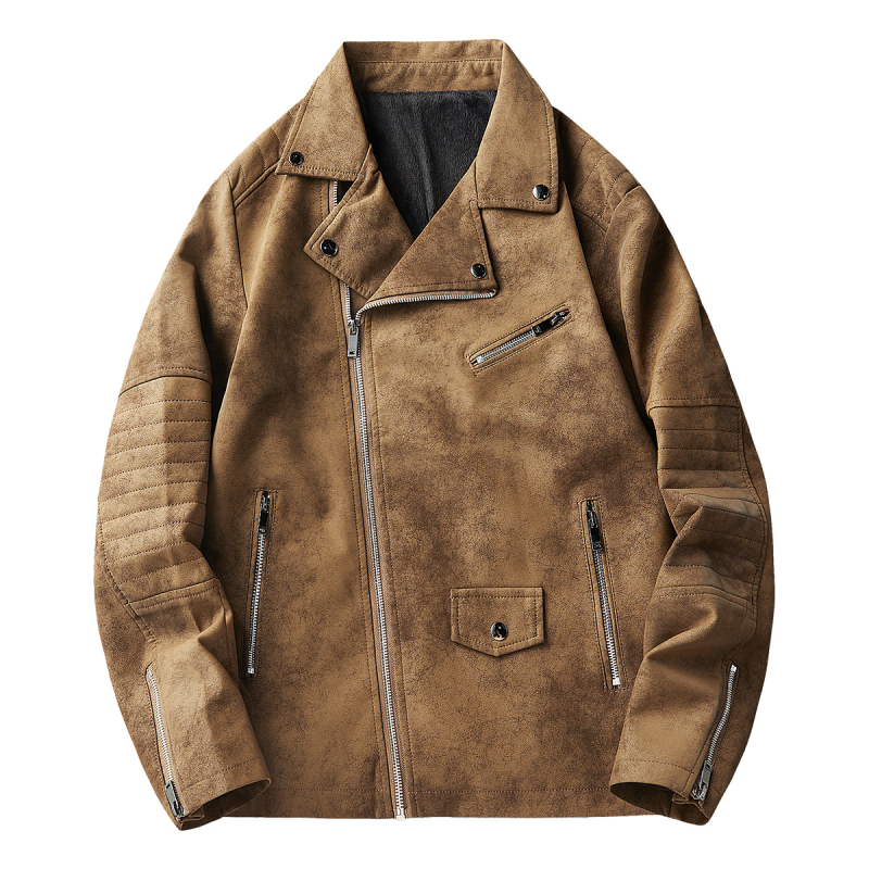 Ανδρικό PU δερμάτινο μπουφάν με vintage στυλ, στάντ γιακά, φερμουάρ, επένδυση από φλίς