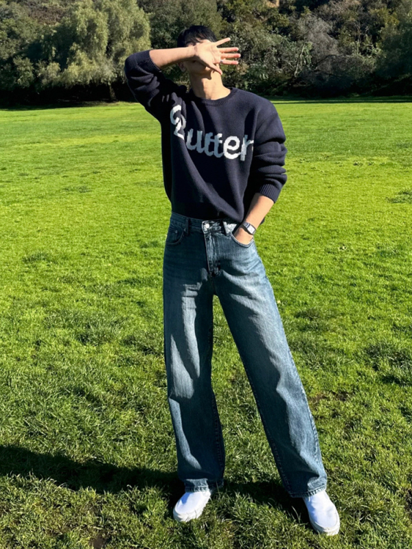 Pleteni džemper s okruglim izrezom, slobodan kroj, korejski stil, dugi rukavi, mješavina vlakana: akril/poliester/nylon