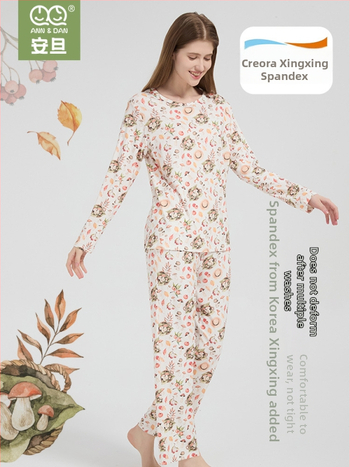 Andan moterų bambuko-pamuko elastinis pižamų komplektas — odai draugiškas, namų drabužiai, animacinis raštas, tinka visiems metų laikams