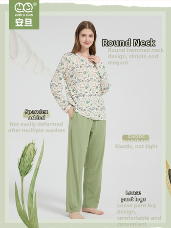 Andan moterų bambuko-pamuko elastinis pižamų komplektas — odai draugiškas, namų drabužiai, animacinis raštas, tinka visiems metų laikams