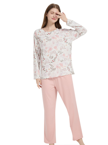 Женски пижамен комплект от бамбуков памук с еластичност — нежен към кожата, домашно облекло, мотив анимационен, подходящ за всички сезони