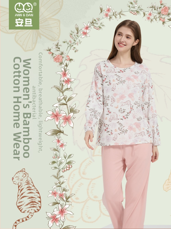 Andan sieviešu bambusa-pamate elastīgais pidžamu komplekts — ādas draudzīgs, mājas apģērbs, animācijas motīvs, piemērots visu sezonu valkāšanai