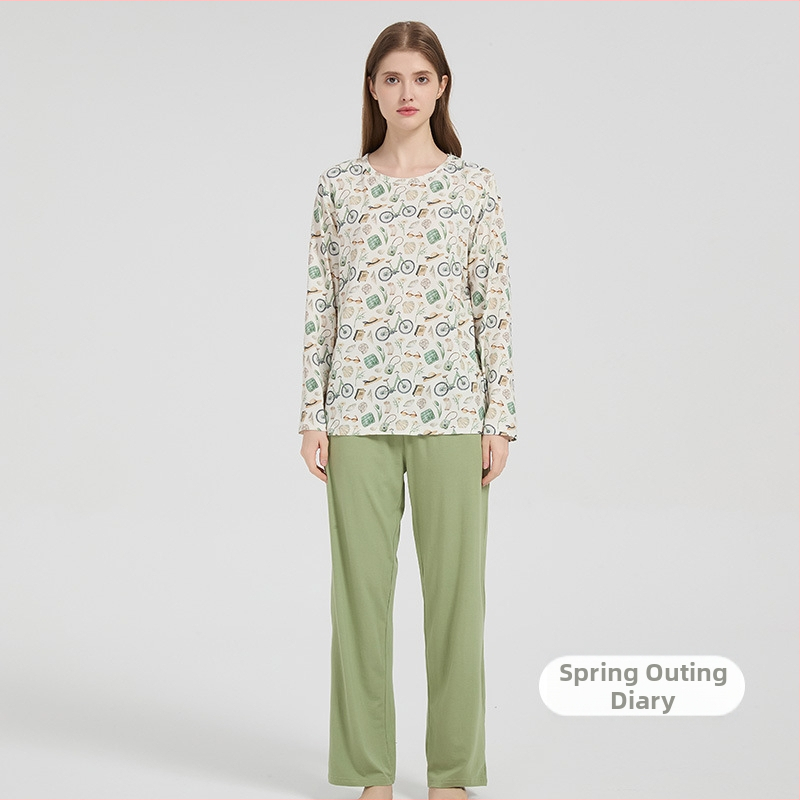 Andan moterų bambuko-pamuko elastinis pižamų komplektas — odai draugiškas, namų drabužiai, animacinis raštas, tinka visiems metų laikams