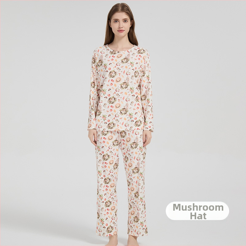 Andan moterų bambuko-pamuko elastinis pižamų komplektas — odai draugiškas, namų drabužiai, animacinis raštas, tinka visiems metų laikams