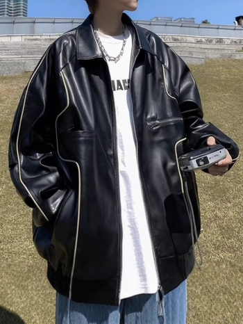 Jachetă din piele PU pentru bărbați, stil korean, croială lejeră, guler stand, închidere cu fermoar, căptușeală poliester