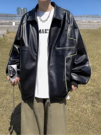 Jachetă din piele PU pentru bărbați, stil korean, croială lejeră, guler stand, închidere cu fermoar, căptușeală poliester